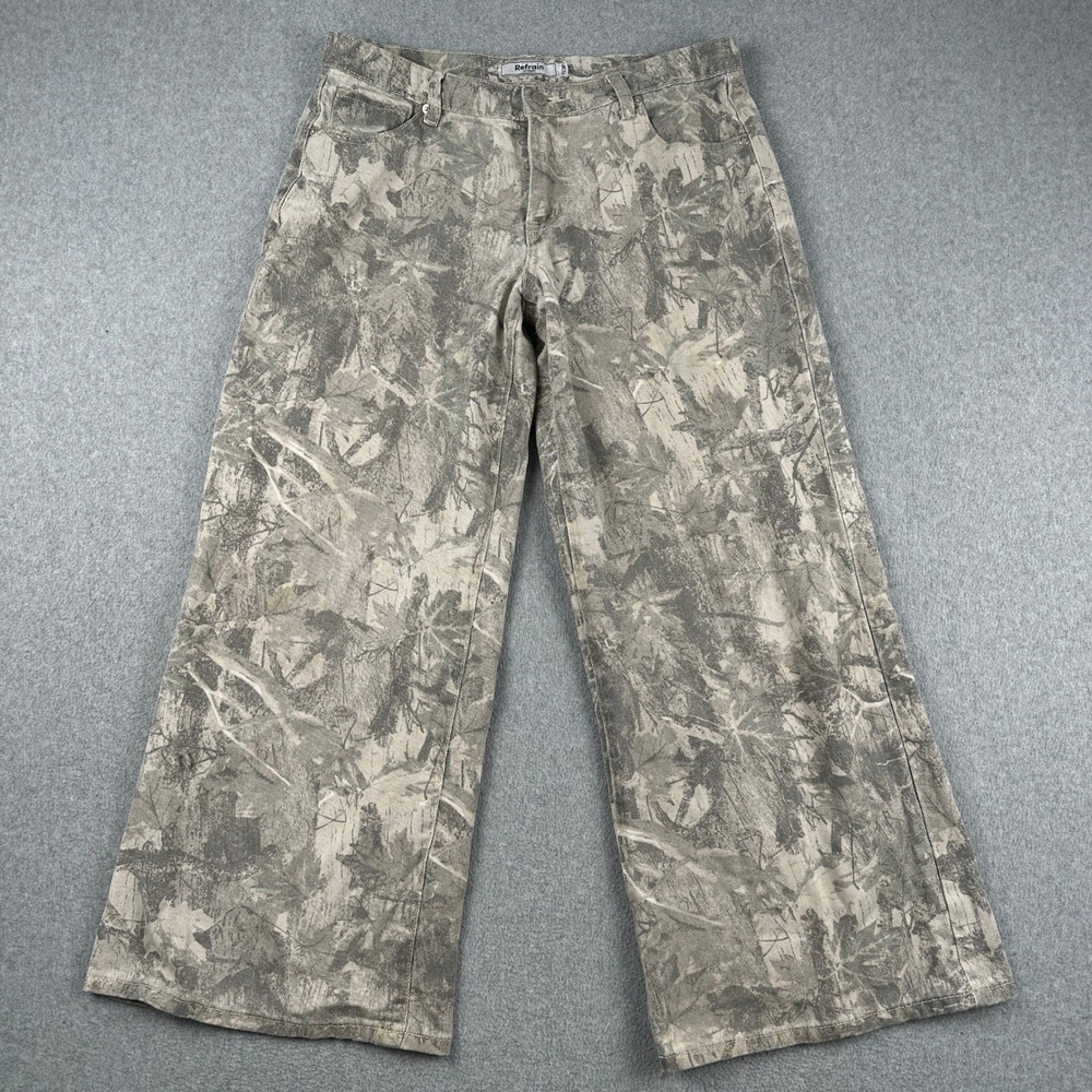 Refrain Jeans Women 11/30 Gray Camo Leaf Print Wide Leg Denim Pants J1493